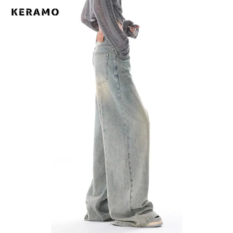 Korean Vintage Casual High Waist High Street Style Light Blue Straight Jeans Pants Women's Wide Leg Baggy Y2K Denim Trouser  Women Jeans - Girls Jeans