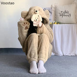 Autumn Winter Cute Bear Ears Coral Fleece Hooded Pajama Sets Woman Sweet Kawaii Warm Homewear Girls Lounge Sleepwear 2PC Set Women Lounge