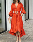 Summer Dresses Elegant Office Ladies Clothing Work Lantern Sleeve Ruffle Hem Pocket Design Asymmetrical Women's Plain Maxi Dress