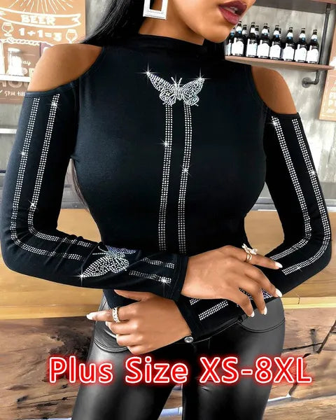 New Womens Long Sleeve Femme Cold Shoulder Butterfly Slim Pattern Studded T-shirt Plus Size Pullover Women Casual - Women Tops