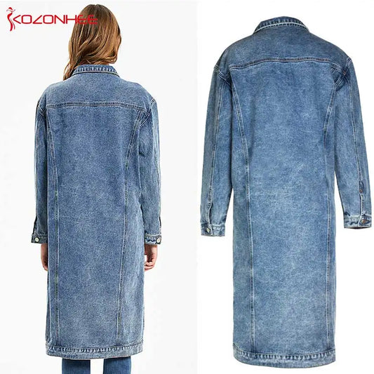 Fashion Blue Inelastic Women Long Denim Trench Coat Women Jeans Coats Casual Pocket Trench Denim Women Vintage Jeans Jacket Women Jeans