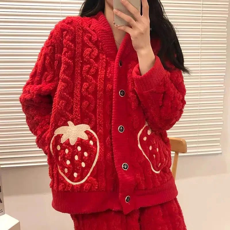 Winter Strawberry Pajamas Set Woman Pyjamas Sets Thick Coral Velvet Flannel Girl Warm Sleepwear Pajama Sets Women Lounge