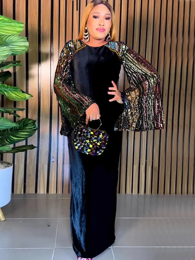 Party Evening Dresses Elegant Woman Luxury Sequin Velvet Robe African Dashiki Long Sleeve Clothing Wedding Birthday Dress Women Prom - Women Plus Size Clothing