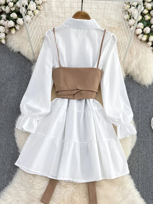 Spring Autumn New Fashion Suit Female Korean Loose White Shirt Dress Slim Vest Dress Two-piece Set Women Casual - Women Prom