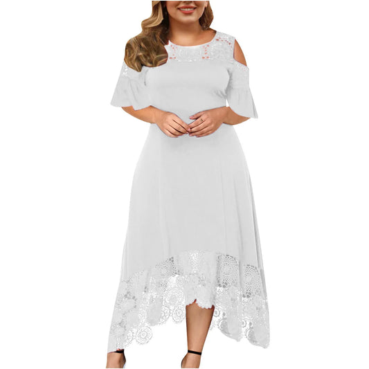 A Lin Plus Size Women Clothing Fashion Irregular Hem Strapless Flower Hollow Stitching Elegant Summer Solid Color Party Women Plus Size Clothing