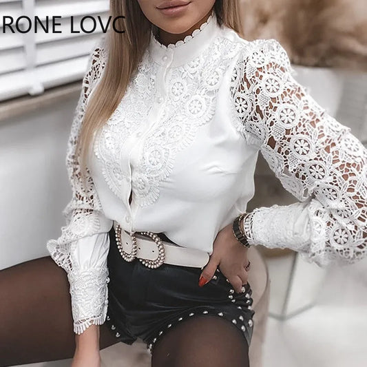 Women's Solid Color Fashion Top Sexy And Beautiful White Lace Hollow Blouse Long Sleeve Button Shirt For Women Dress For Work - Women Tops - Women Casual - Women Prom