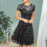 Women Summer Dress See-through Hollow Out Lace Party Mini Dress Round Neck A-line Plus Size Dress Women Prom - Women Casual