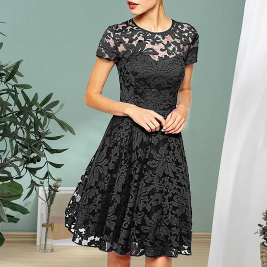 Women Summer Dress See-through Hollow Out Lace Party Mini Dress Round Neck A-line Plus Size Dress Women Prom - Women Casual