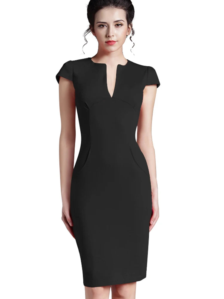 Nice-forever Office Woman Vintage Summer Solid Deep V neck Zipper Back Formal Stretch Pencil work Bodycon Pocket Women Work Dress