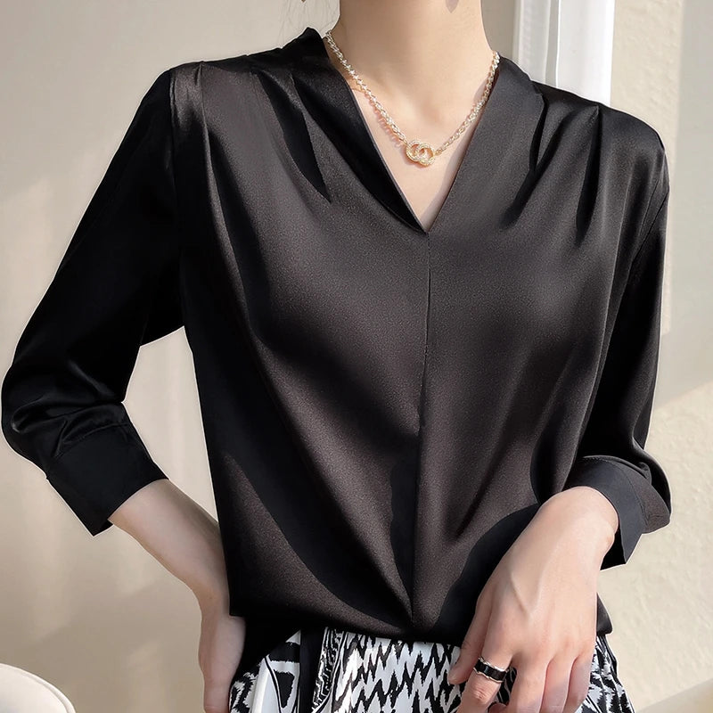 Spring/Summer Women's V-neck Pullover New Silk Shirt Fashion And Temperament Solid Silk Versatile Shirt Women Casual - Women Tops