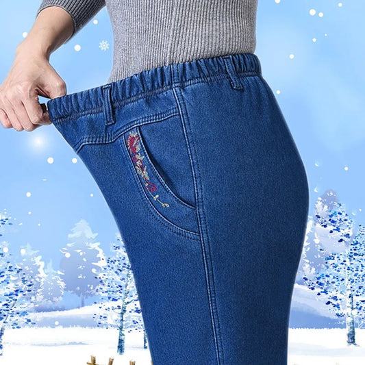 Winter Velvet Lined Baggy Jeans Straight Pants Mom Plush Elastic High Waist Vaqueros Pantalones Vintage Warm Thick Denim Broek Women Jeans - Girls Jeans