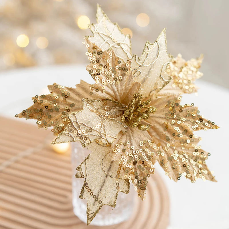 Glitter Artificial Christmas Flowers Xmas Tree Ornaments Merry Christmas Tree Decorations New Year Wedding Party Home Decoration