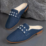 New Summer Fashion Denim Low Heels Elegant Pearl Women Shoes