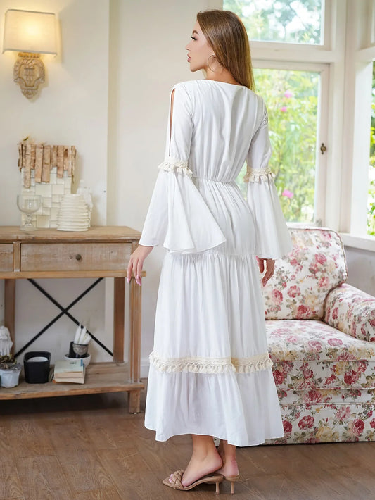 White Elegant Midi Birthday Dress for Women New Flare Long Sleeve Chic Tassel Patchwork Graduation Party Dresses Women Homecoming