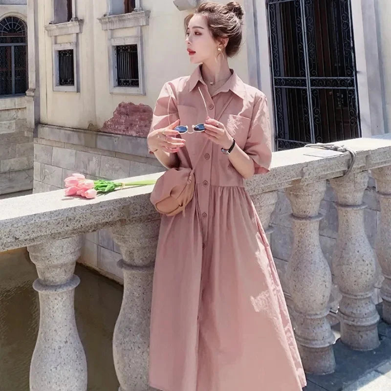 New Fashion French Tea Break Style Waist Wrapped Shirt Dress Summer Fat mm Mid length Slim Age Reducing Fairy Dress Women Prom