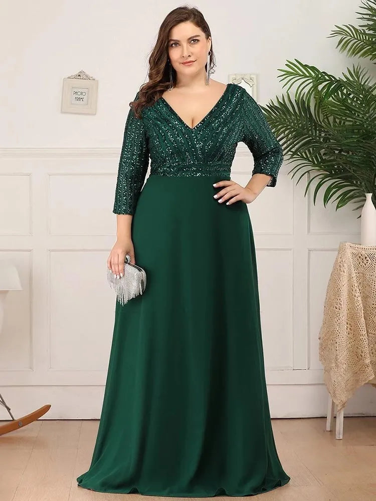 Dresses Long Sexy V Neck A-Line Sequin With 3/4 Sleeve ever pretty of Dark Green Bridesmaid dress Women Plus Size Clothing - Women Prom