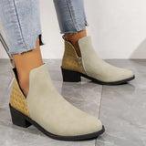 Suede Zipper Ankle Boots for Autumn Pointed Woven Patchwork Female Boot Concise Square Heel Chelsea Girls Shoes