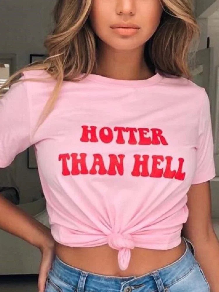 Hotter Than Hell Letter Print T-Shirt Woman Short Sleeve O Neck Loose Pink Tshirt Summer Ladies Women Tee Shirt Clothes Women Casual - Women Tees - Women Short