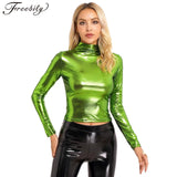 Womens Metallic Shiny Long Sleeve T-Shirt Fashion Shiny Slim Fit Mock Neck Cropped Tops for Cocktail Party Club Music Festival women tops - women short - women contemporary