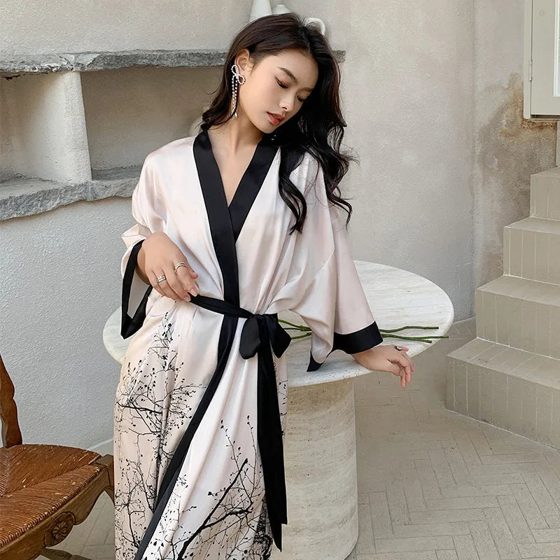 Female Long Robe Nightgown Sexy Print Flower Kimono Bathrobe Gown Casual Silk Satin Home Dress New Spring Summer women lounge