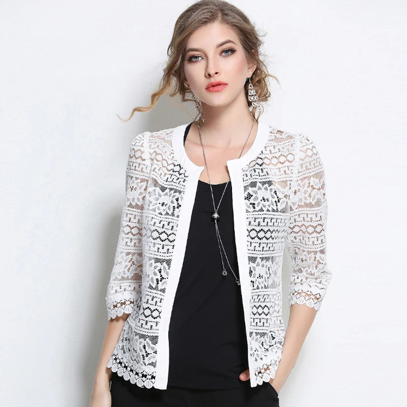 Women's Clothing Ladies White Lace Blouse Summer Cardigan Black White Crochet Sexy Female Blouses Blusas 883F Women Tops - Women Casual