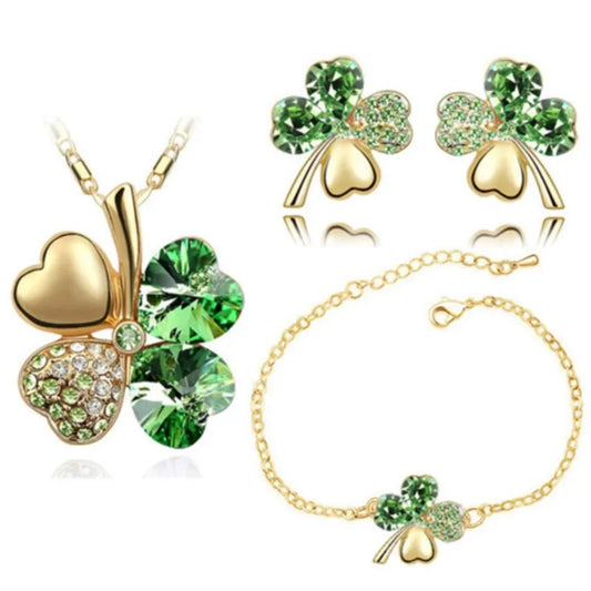 Crystal Clover 4 Leaf leaves heart pendant Jewelry sets necklace earrings bracelet women lovers cute romantic gifts summer party - Women Jewellery - Girl Jewellery
