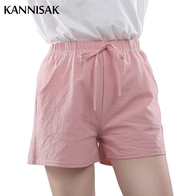 Summer Korean Wide Leg Casual Solid Drawstring Elastic Waist Shorts Girls Cotton Women's Mini Biker women short