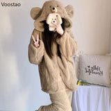 Autumn Winter Cute Bear Ears Coral Fleece Hooded Pajama Sets Woman Sweet Kawaii Warm Homewear Girls Lounge Sleepwear 2PC Set Women Lounge