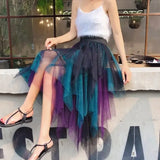 Gradient Color Irregular Tulle Skirt Spring and Summer High Waist Bubble Skirt Long Woman Skirts Mujer Faldas Saias Mulher Women Short