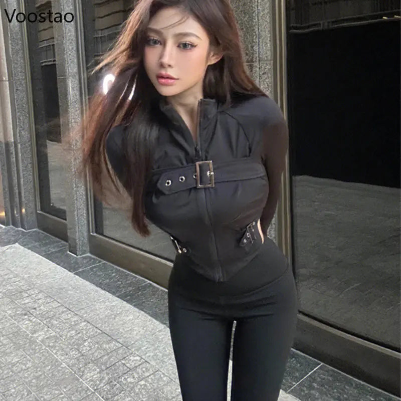 Y2k Aesthetic T-shirts Woman Streetwear Harajuku Metal Buckle Black Punk Clothes Gothic Female Sexy Chic irregular Women Tops - Women Prom