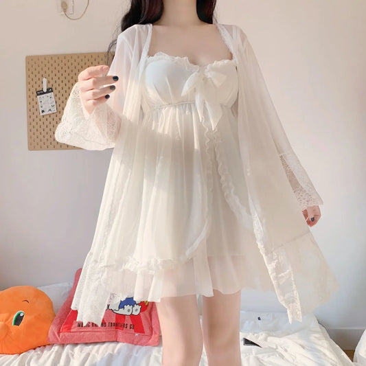 Robe Gown Sets Woman Sexy Lace Low-cut Ruffles Bowknot Sweet Princess Female Sleepwear Summer Above Knee Comfortable Wear Women Lounge