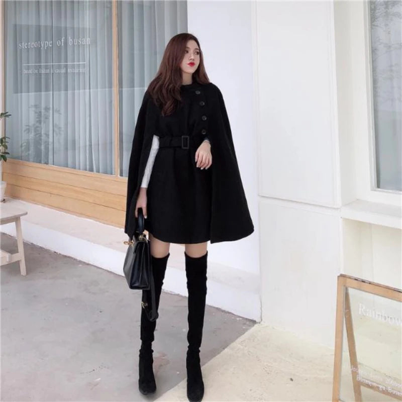 Autumn High-Quality Woolen Cloth Shawl Cape Poncho With Belt Woman Mid-length Korean Sleeveless Plus Size Ladies Cape Coats Women Tops - Women Dress For Work - Women Prom