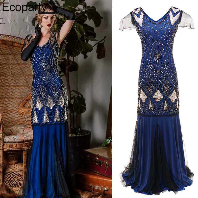 Women Gatsby Dress Vintage V Neck Sequins Beads Maxi Cocktail Party Flapper Dress Mesh Gown Long Elegant Women Prom