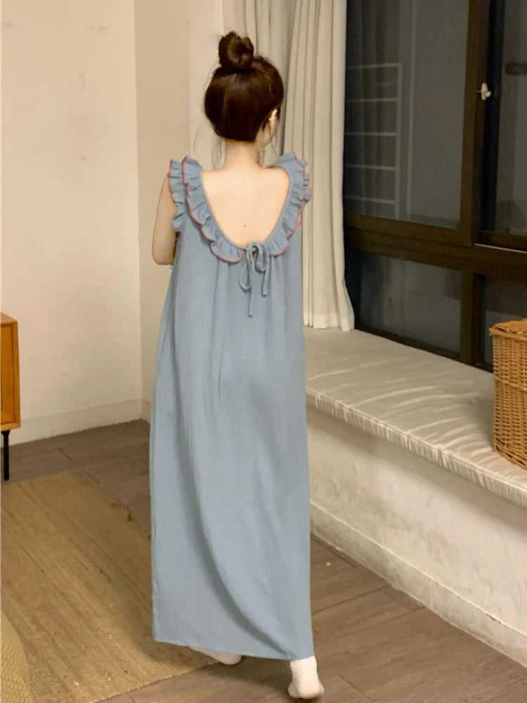 Sleeveless Nightgowns Sweet Ruffles Summer Ankle-length Sleepwear Fashion Korean Style Lounge Elegant Princess All-match women sleep