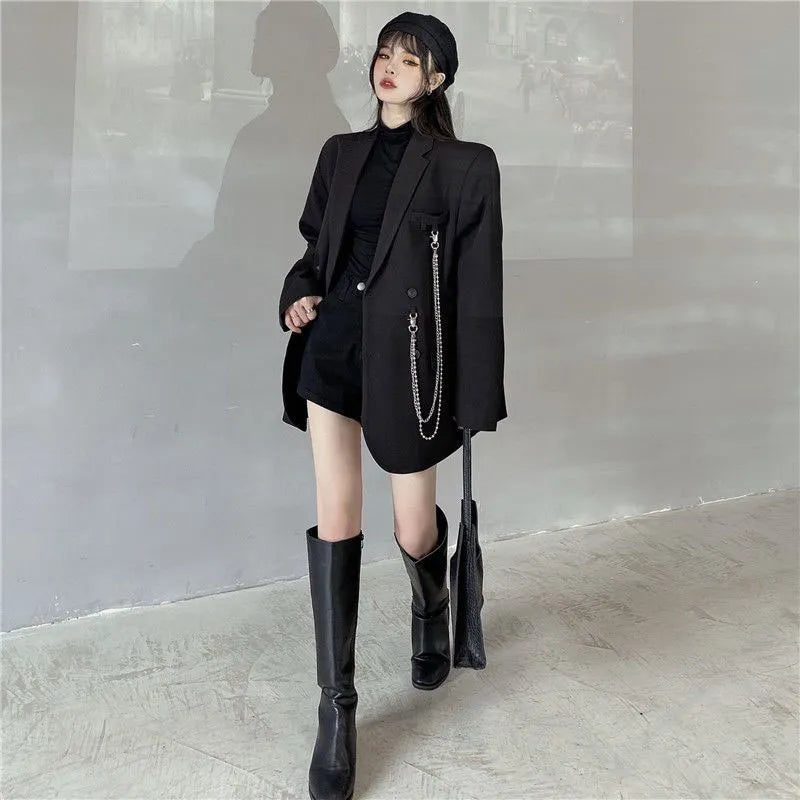 Women Fashion Double Breasted Loose Blazer Korean High Street Long Sleeve Suit Jacket Black Notched Collar Ladies Outerwear Women Coats